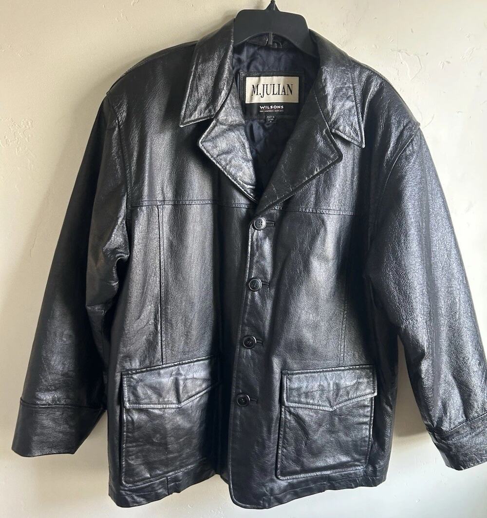 M. Julian Wilsons Leather Car Coat Mens M Black Glossy Genuine Leather Jacket